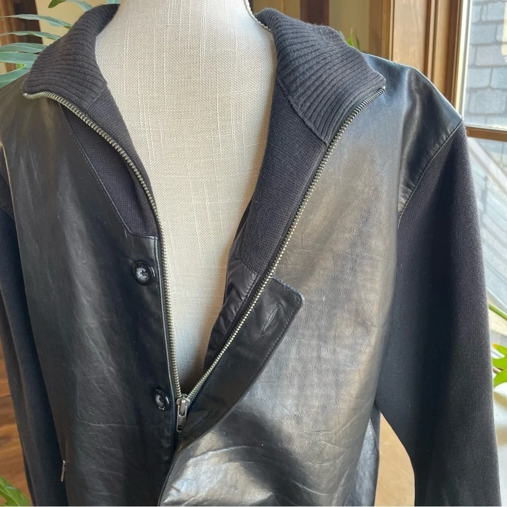Tre Vero Men's Black Leather Sweater Jacket Button Front Stand Collar size L